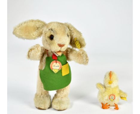 Steiff, Hase Ossili &amp; Küken, Germany, 50er/60er Jahre, mit Schild, Knopf, Fahne, Z 1-2