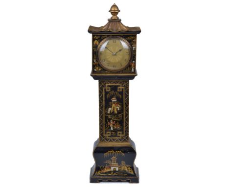 A 19th Century Chinoiserie Miniature Longcase Clock: Black lacquered and gilt case, with Chinese scenes and pagoda-style top,