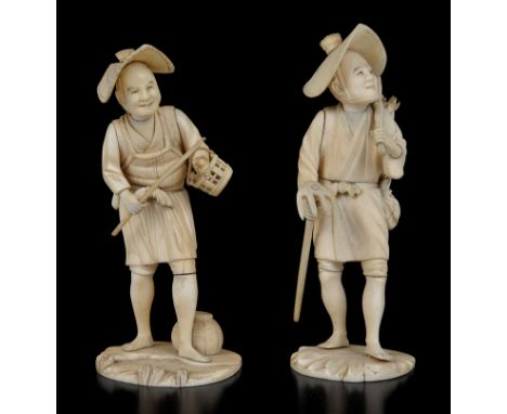 Two Japanese Ivory Okimono:
Meiji Period
To include: a peasant carrying a stick and a basket, artist's signature to the base;