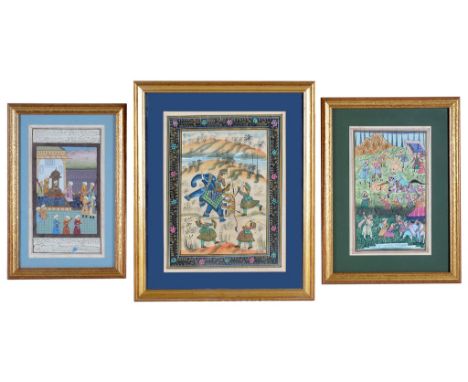 Three Persian Paintings:
19th century watercolours on paper. To include: an animated and dramatic deer hunting scene (H 25 cm