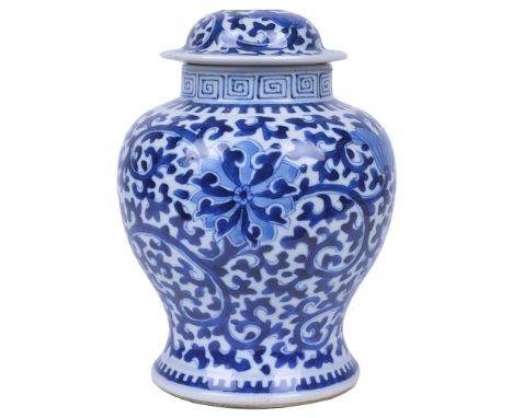A Chinese Blue and White Jar with Lid:
19th century
The bulbous body with slightly slanting foot and the domed lid all simila