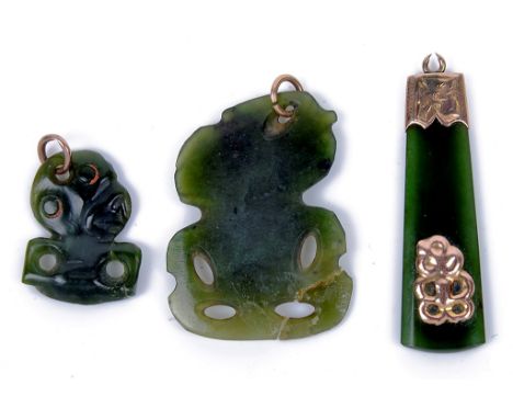 Three 19th Century Maori Hei Tiki Pendants:
Two figural examples (A/F), and a gold set pendant on jade club 
