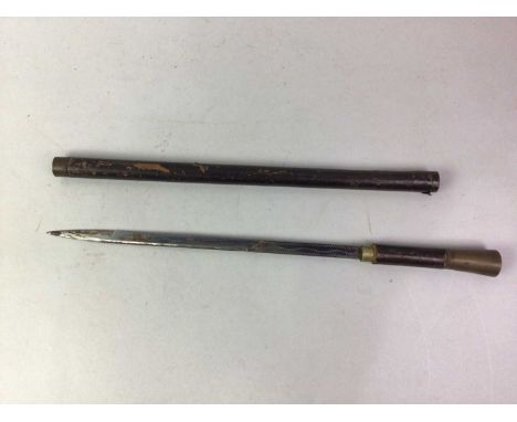 EASTERN SWORD STICK, ALONG WITH TWO OTHER EASTERN BLADED WEAPONS the sword stick with leather bound scabbard and brass mounts