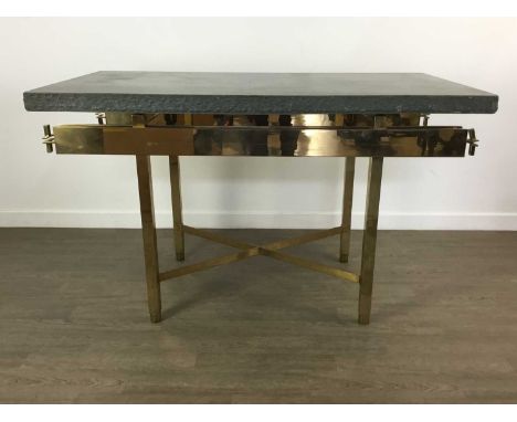 IN THE MANNER OF MARC DU PLANTIER, MID-CENTURY COMMUNION / CONSOLE TABLE, with slate top over a brass base83cm high, 138cm wi