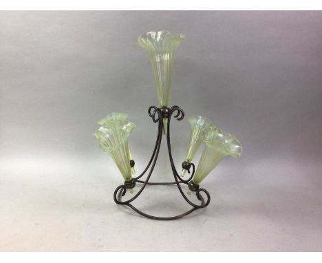VICTORIAN PLATED FLOWER EPERGNE, with green glass inserts36cm high