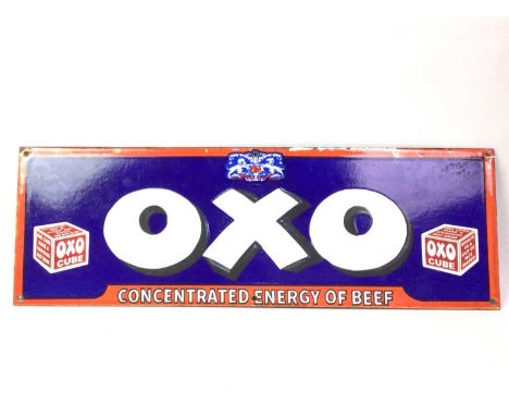 VINTAGE ENAMELLED TIN OXO CUBE ADVERTISEMENT, EARLY 20TH CENTURY  in blue, white and red61cm wide 