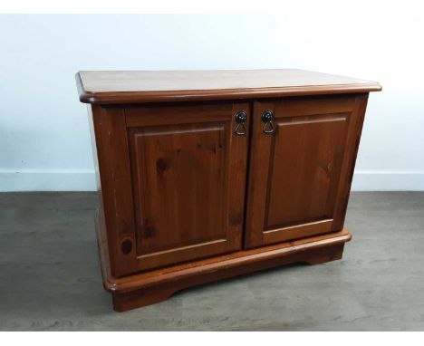 PINE SIDE CABINET, ALONG WITH A TEAK DRINKS TROLLEY the cabinet with two doorscabinet 53cm high, 72cm wide