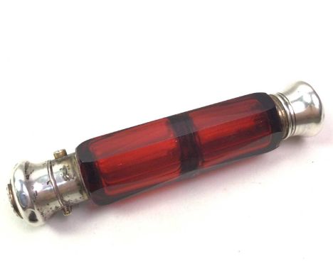 VICTORIAN RUBY GLASS AND SILVER PLATE DOUBLE SCENT BOTTLE, LATE 19TH CENTURY  with a seed pearl set emblem to the hinged cove