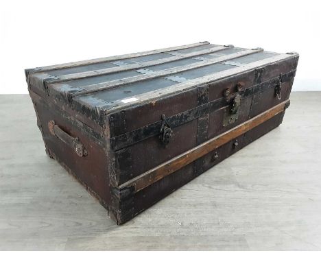 WOOD AND METAL BOUND TRAVEL TRUNK, with original Moir &amp; Co, Edinburgh33cm high, 93cm wide