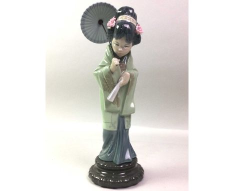 LLADRO FIGURE OF GEISHA GIRL, ALONG WITH FOUR OTHER FIGURES the Geisha figure modelled standing with a hand fan and parasol, 