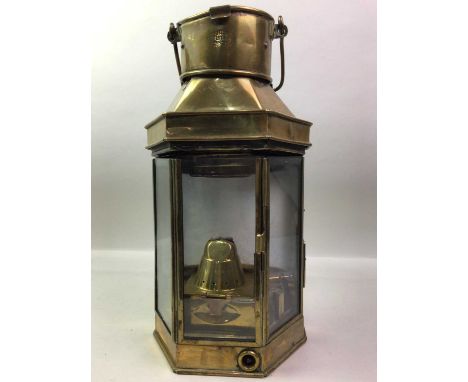 BRASS BULKHEAD LAMP, BULLPIT & SONS OF BIRMINGHAM 1911 with hinged top and three clear glass panels40cm high