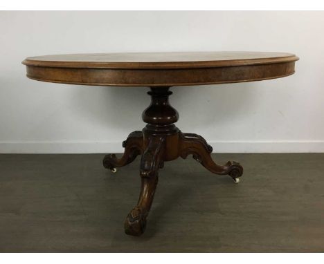 VICTORIAN WALNUT CIRCULAR BREAKFAST TABLE, on carved tripod base75cm high, 130cm diameter The base and top seperate for ease 