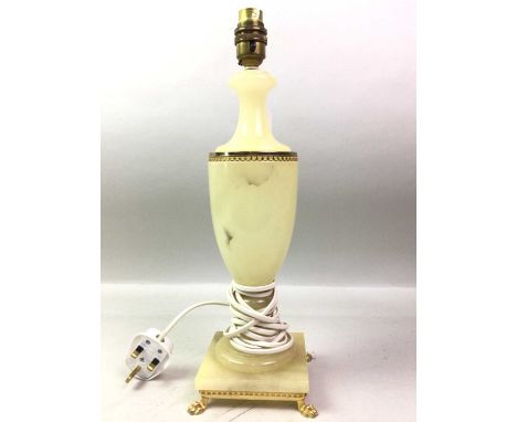 ALABASTER TABLE LAMP, ALONG WITH TWO OTHER LAMPS comprising a crystal and gilt metal lamp and a green porcelain lamp on woode