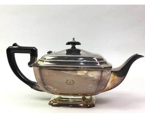 SILVER PLATED THREE PIECE TEA SERVICE, AND OTHER PLATED ITEMS  including a coffee service, chamber candlestick and cutlery