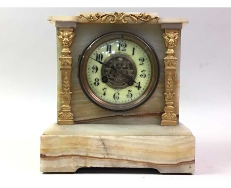 ONYX MANTEL CLOCK, maker Callermount, Paris, of square form, with key23cm high