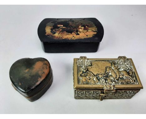 GROUP OF VESTA CASES AND SNUFF BOXES, including a Papier-mâché example, a horn example, and a souvenir Irish bog oak example 