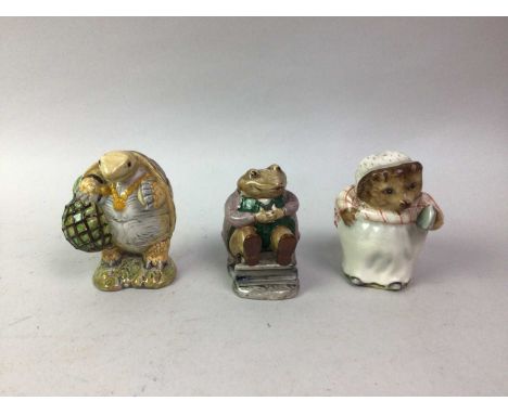 THREE BESWICK BEATRIX POTTER CHARACTER FIGURES, including Mr Jackson, Mr Alderman Ptolemy and Mrs Tiggy Winkle, along with a 