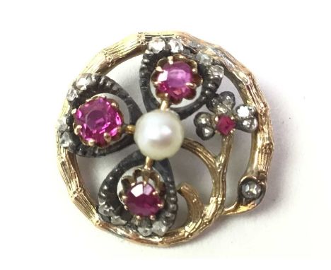 RUBY, PEARL AND DIAMOND BROOCH, set with cushion cut rubies, rose cut diamond chips and a central pearl, unmarked, lacking pi