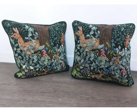 THREE TAPESTRY CUSHIONS, decorated with deer and rabbits amongst foliageQty: 3