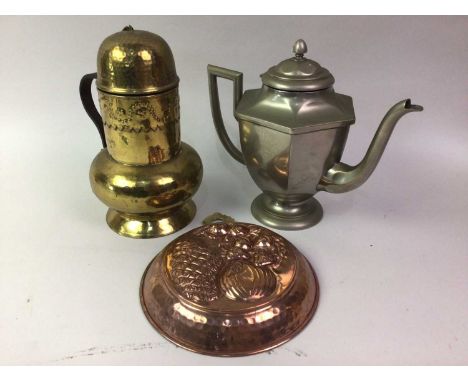 GROUP OF BRASS AND COPPER WARE, ALONG WITH A FIRESCREEN including vases, a flask, metal tea pot and a ceramic tankardthe fire
