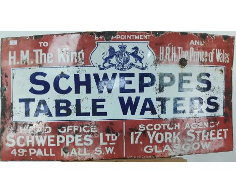 SCHWEPPES TABLE WATERS, ENAMEL ADVERTISEMENT SIGN, EARLY 20TH CENTURY By Appointment to H.M.The King and H.R.H. The Prince of