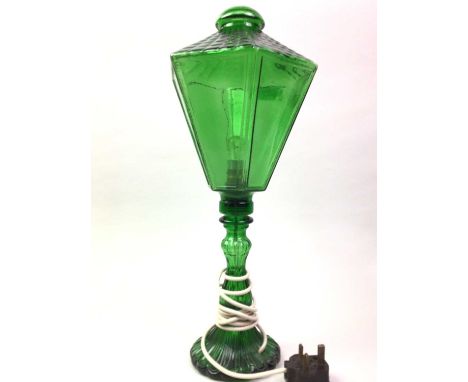 GREEN GLASS LAMP, AND OTHER LAMPS the others comprising a German example and two brass table lampsgreen lamp 47cm highQty: 4