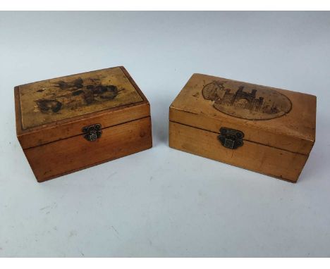 GROUP OF FOUR MAUCHLINE WARE BOXES, depicting Robert Burns and further, along with a Tartan ware well bucket, and a Battersea