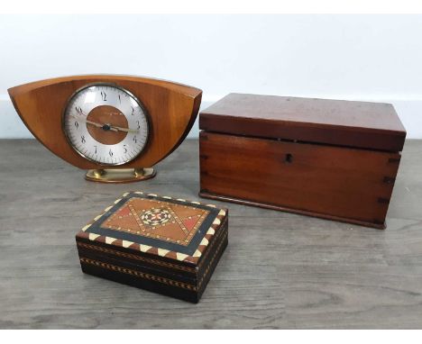 INLAID WOODEN BOX BY JOHN A WEBB, AND OTHER WOODEN BOXES AND TREEN also a Mid Century walnut mantel clockThe inlaid box, 25.5