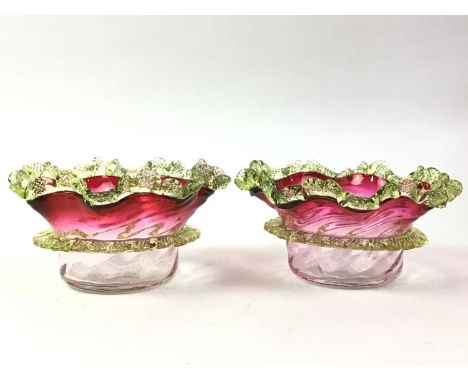 PAIR OF VICTORIAN RUBY AND CLEAR GLASS FINGER BOWLS, AND OTHER ITEMS  including bisque figures, jug and a cabinet plate