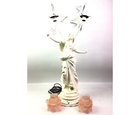 PAINTED WHITE FIGURAL TABLE LAMP, AND TWO OTHERS  figure of a woman under branches, along with two modern table lamps