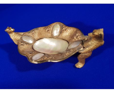 VICTORIAN HEAVILY DECORATED GILT METAL & MOTHER OF PEARL DISH HELD BY GILT METAL BEARS WITH RUBY EYES
