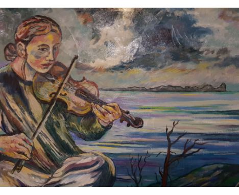 LARGE OIL ON CANVAS - LADY PLAYING VIOLIN