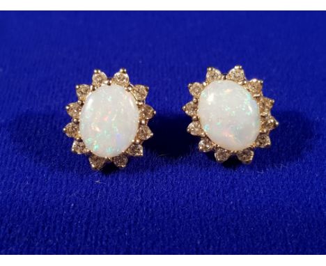 14K GOLD, OPAL & DIAMOND PAIR OF EARRINGS