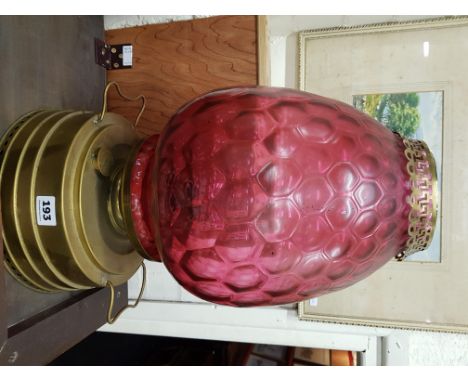 ANTIQUE BRASS & RUBY GLASS OIL LAMP