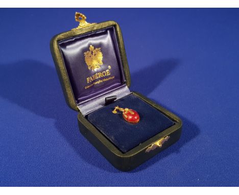 18CT GOLD, DIAMOND, RUBY & ENAMELLED FABERGE PENDANT IN ITS ORIGINAL BOX