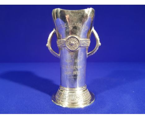 GEORGE V IRISH SILVER DOUBLE HANDLED TROPHY HEAVILY DECORATED WITH CELTIC DESIGN - ENGRAVED LITTLE ISLAND CUP WON BY S.H NEVI