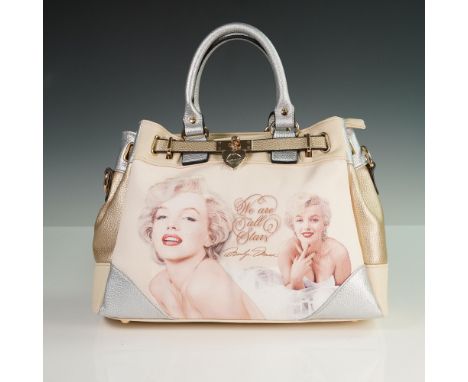 Striking Marilyn Monroe colorblock handbag featuring printed portraits of the Hollywood icon alongside the quote We are all s