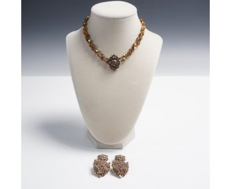 Chic vintage 2-piece jewelry set featuring a double-strand beaded choker by Dauplaise and a pair of ornate clip-on earrings m