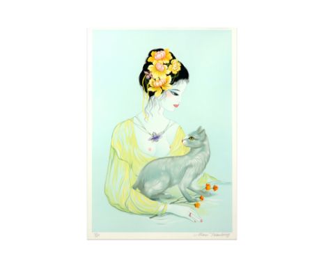 Mara Tran-Long signed lithograph printed in colors ||TRAN-LONG MARA (° 1935) kleurlitho n° 50/200 : "Jonge vrouw met kat"  - 