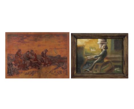 illegibly signed oil on canvas dated 1954 - sold with an etching plate ||Onleesbaar getekend olieverfschilderij op doek gedat