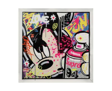 Hök signed mixed media on canvas titled "Mickey Mouse VS montana's spray 94" - signed on the front and back and dated 2022 ||