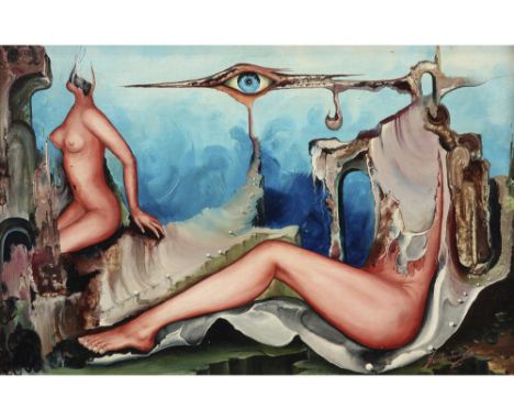 20th Cent. surrealist oil on panel - signed André Vanderhaeghe ||VANDERHAEGHE ANDRE (1932 - 2014) olieverfschilderij op panee