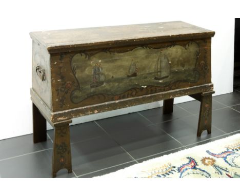 18th/19th Cent. coachman's trunk in polychromed wood with trompe l'oeil of walnut and a scene with sailing ships  -  on separ