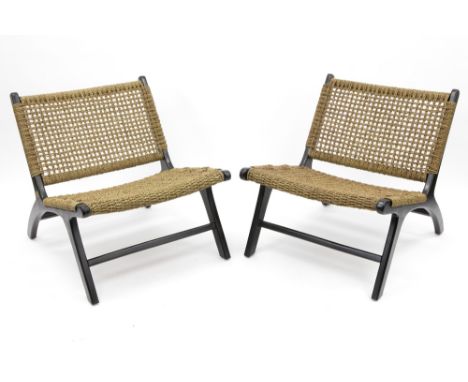Olivier De Schrijver signed pair of "Los Angeles" design armchairs in ebonised mahogany and seagrass, made by Ode's Design, w