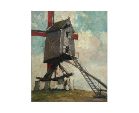 illegibly signed oil on panel ||Onleesbaar getekend (Leonard ?) olieverfschilderij op paneel : "Moulin à vent"  -  46 x 38 