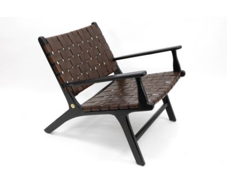 Olivier De Schrijver signed "Beverly Hills" design armchair in ebonised mahogany and double sided leather with natural brown 
