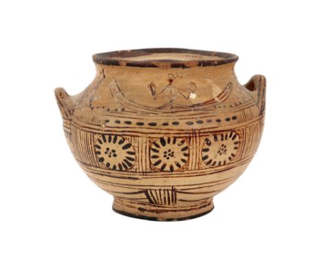 Ancient Greek Cyprus pitcher with two ears in earthenware with typical paintings ||OUD-GRIEKENLAND / CYPRUS  -  800 tot 500 B