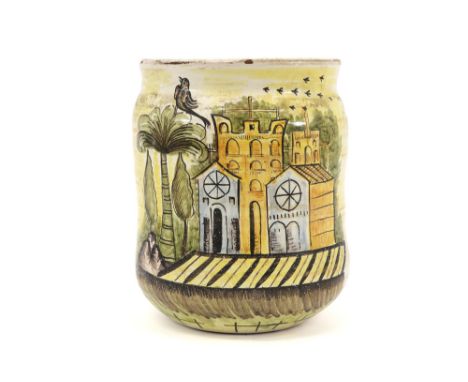 antique "albarello" pharmaceutical jar in ceramic with an orientalist decor with a city scene ||Antieke Italiaanse apothekers