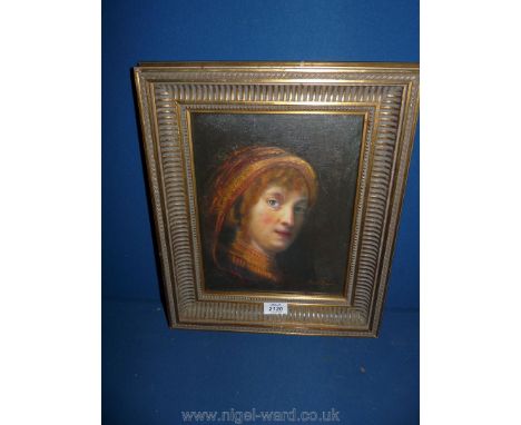 An Oil on board portrait of Rembrandt's' wife Saskia Van Vilenburgh, signed David Dupre.