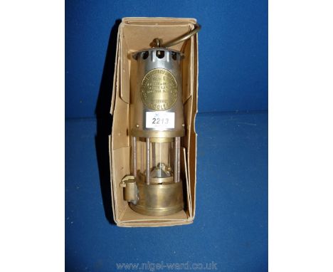 A brass and aluminium miners lamp; The Protector Lamp &amp; Lighting Co Ltd, Eccles makers, Type 6 Ministry of Power Safety L